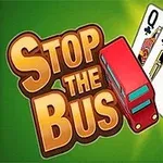 Pelikorteilla ja punaisella kaksikerrosbussilla koristeltu graafinen kuva, jossa lukee Stop the Bus