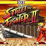 Kaksi hahmoa taistelee areenalla, jonka yläpuolella on teksti Street Fighter II