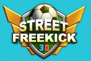 Jalkapallo kultaisilla siivillä ja tekstillä Street Freekick 3D vihreällä kilvellä sinisellä taustalla