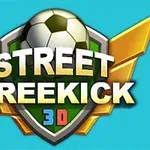 Jalkapallo kultaisilla siivillä ja tekstillä Street Freekick 3D vihreällä kilvellä sinisellä taustalla