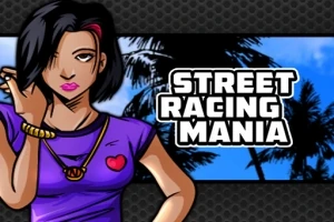 Piirretty nainen violetissa paidassa poseeraa palmuja vasten, ja oikealla puolella näkyy teksti Street Racing Mania