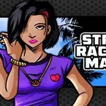 Piirretty nainen violetissa paidassa poseeraa palmuja vasten, ja oikealla puolella näkyy teksti Street Racing Mania