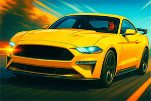 Keltainen urheiluauto ajaa vauhdikkaasti tiellä, kuljettaja näkyy ajamassa autoa