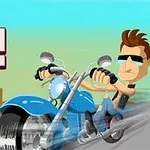 Piirroskuva miehestä ajamassa sinistä moottoripyörää kaupungin siluetin edessä, ja vasemmassa yläkulmassa lukee Stud Rider