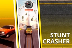 Auto radalla, kojelauta ja Stunt Crasher -teksti