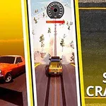 Auto radalla, kojelauta ja Stunt Crasher -teksti