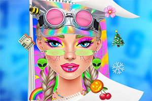 Naisella on värikkäät meikit, vaaleat letit, vaaleanpunaiset suojalasit ja vihreät lasit, taustalla söpöjä kuvakkeita kuten kirsikoita ja jääpuikkoja