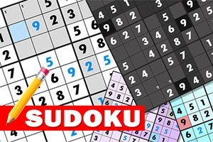 Useita sudoku-ruudukoita ja keltainen lyijykynä, jossa on punainen pyyhekumi, tekstin Sudoku päällä