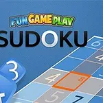 Sinisävyinen kuva, jossa on numeroita sisältävä ruudukko ja teksti Fun Game Play Sudoku