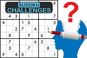 Sudoku-ruudukko, jossa teksti SUDOKU CHALLENGES, sininen siluetti, jonka läpi menee kynä, sekä punainen kysymysmerkki