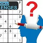 Sudoku-ruudukko, jossa teksti SUDOKU CHALLENGES, sininen siluetti, jonka läpi menee kynä, sekä punainen kysymysmerkki