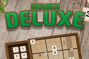 Sudoku-pelin logo ja osittain täytetty ruudukko puisella taustalla