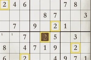 Sudoku-ruudukko, jossa on täytettyjä numeroita ja värillisiä korostuksia