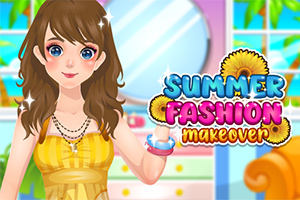 Nuori nainen keltaisessa mekossa hymyilee, taustalla peili ja värikäs sisustus, teksti Summer Fashion Makeover kukkien keskellä