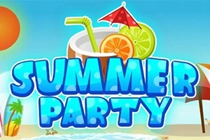 Kesäinen ranta-aihe, jossa on juomaa, hedelmäviipaleita, aurinko ja sateenvarjo sekä teksti Summer Party