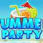 Kesäinen ranta-aihe, jossa on juomaa, hedelmäviipaleita, aurinko ja sateenvarjo sekä teksti Summer Party