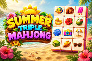 Trooppinen rantamaisema, värikäs Summer Triple Mahjong -logo ja hedelmä- sekä kesäaiheisia pelilaattoja