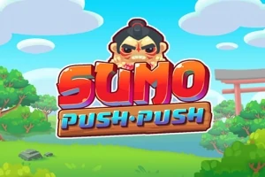 Värikäs taustakuva, jossa on piirrettyjä puita, sumopainijahahmo ja punaisella sekä sinisellä kirjoitetut tekstit Sumo Push Push