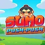 Värikäs taustakuva, jossa on piirrettyjä puita, sumopainijahahmo ja punaisella sekä sinisellä kirjoitetut tekstit Sumo Push Push