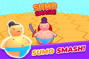 Kaksi animaatiohahmoa sumopainijoina kirkkaanvärisellä areenalla, vaaleansinisellä taustalla, ja teksti SUMO SMASH!