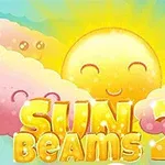Hymyilevä aurinko pilvien keskellä, niiden edessä keltaiset kirjaimet Sun Beams 2