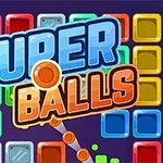 Värikkäitä neliöitä vihreällä, punaisella, sinisellä ja keltaisella taustalla, jossa on suuria tekstejä SUPER BALLS keskellä