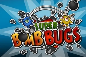 Kuvassa kaksi värikästä piirroshahmokuoriaista pomppii pommien päällä, ja keskellä on teksti Super Bomb Bugs
