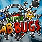 Kuvassa kaksi värikästä piirroshahmokuoriaista pomppii pommien päällä, ja keskellä on teksti Super Bomb Bugs