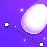 Violetti tausta, jossa on hehkuva muna, kaksi valkoista pistettä yhdistettynä mustalla viivalla ja pieniä valonlähteitä