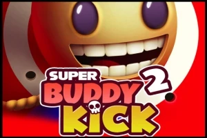 Hymyilevä naama, jolla on suuret hampaat ja pyöreät silmät kirkkaanpunaisella taustalla, sekä teksti Super Buddy Kick 2