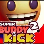 Hymyilevä naama, jolla on suuret hampaat ja pyöreät silmät kirkkaanpunaisella taustalla, sekä teksti Super Buddy Kick 2