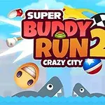 Sarjakuvamainen kuva, jossa on kaksi hai veden alla, teksti Super Buddy Run 2 Crazy City ja värikkäitä esineitä taustalla