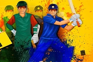 Kaksi cricketer-pelaajaa värikkäissä univormuissa, taustalla roiskemaista taidetta
