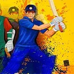 Kaksi cricketer-pelaajaa värikkäissä univormuissa, taustalla roiskemaista taidetta