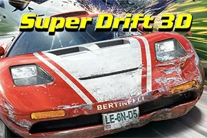Super Drift 3D Punainen urheiluauto, jossa on valkoinen raita ja vaurioitunut etupuskuri, dynaamisessa liikkeessä kohti katsojaa