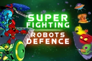 Värikkäitä robotteja taistelemassa avaruustaustaa vasten, suuri vihreä teksti keskellä