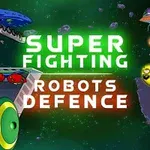 Värikkäitä robotteja taistelemassa avaruustaustaa vasten, suuri vihreä teksti keskellä