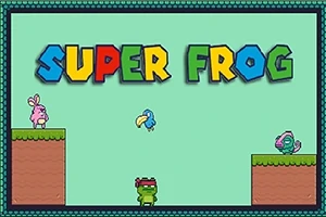 Värikäs otsikko SUPER FROG kuvassa, jossa on vihreä sammakko, sininen lintu, vaaleanpunainen kani ja toinen hahmo vihreällä alustalla