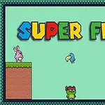 Värikäs otsikko SUPER FROG kuvassa, jossa on vihreä sammakko, sininen lintu, vaaleanpunainen kani ja toinen hahmo vihreällä alustalla