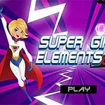 Animaatiohahmot, toinen valkopukuinen ja toinen mustapukuinen, vaalean violetilla taustalla, keskellä teksti Super Girls Elements Quiz