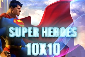 Supersankari seisoo pilvien edessä punainen viitta hulmuten, ja kuvan keskellä lukee SUPER HEROES 10X10