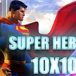 Supersankari seisoo pilvien edessä punainen viitta hulmuten, ja kuvan keskellä lukee SUPER HEROES 10X10