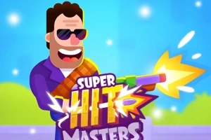 Piirroshahmo aurinkolasit päässään pitelee lelua muistuttavaa asetta, ja etualalla on värikäs teksti Super Hit Masters