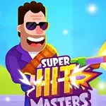 Piirroshahmo aurinkolasit päässään pitelee lelua muistuttavaa asetta, ja etualalla on värikäs teksti Super Hit Masters