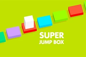 Värikäs tausta, jossa värikkäitä laatikoita ja teksti Super Jump Box keskellä