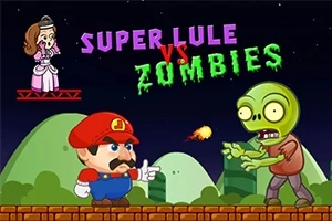Pikselöity videopelihahmo ampuu tulipallon vihreää zombieta kohti, taustalla prinsessahahmo ja teksti