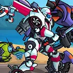 Valkoinen ja violetti robotti miekalla taistelee toista robottia vastaan rannalla, vieressä pieni vihreä robotti