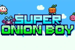 Pikselityylinen logo, jossa on suurikokoinen teksti SUPER ONION BOY ja neljä piirrosmaista hahmoa: sipuli, rapu, omena ja marja sinisellä taustalla