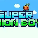 Pikselityylinen logo, jossa on suurikokoinen teksti SUPER ONION BOY ja neljä piirrosmaista hahmoa: sipuli, rapu, omena ja marja sinisellä taustalla