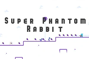 Valkoisella taustalla oleva kuva, jossa on mustalla tekstillä kirjoitettu Super Phantom Rabbit ja sininen hahmo näkyy alareunassa